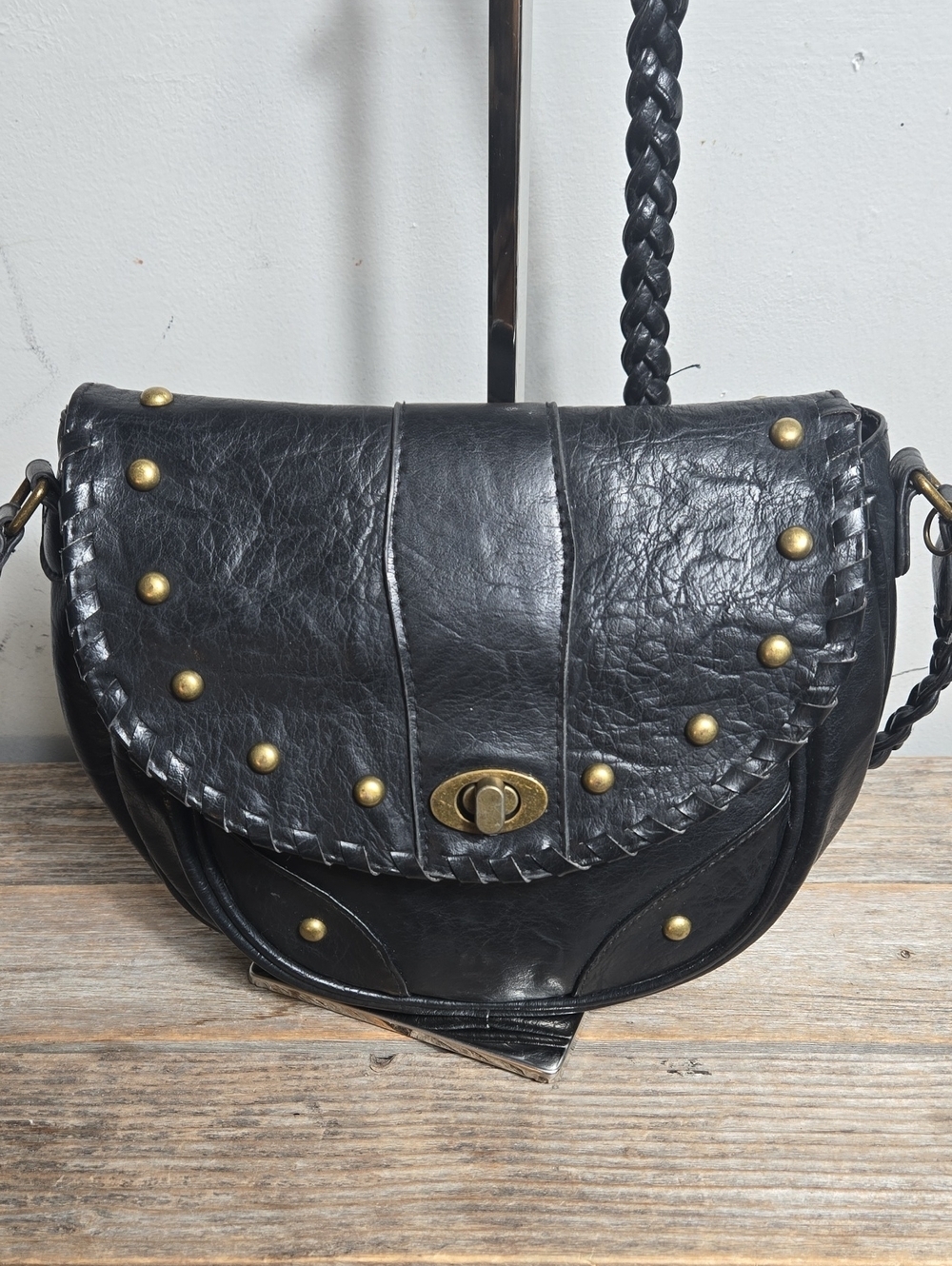 Black Studded Leather Saddle Braided Crossbody Bag
